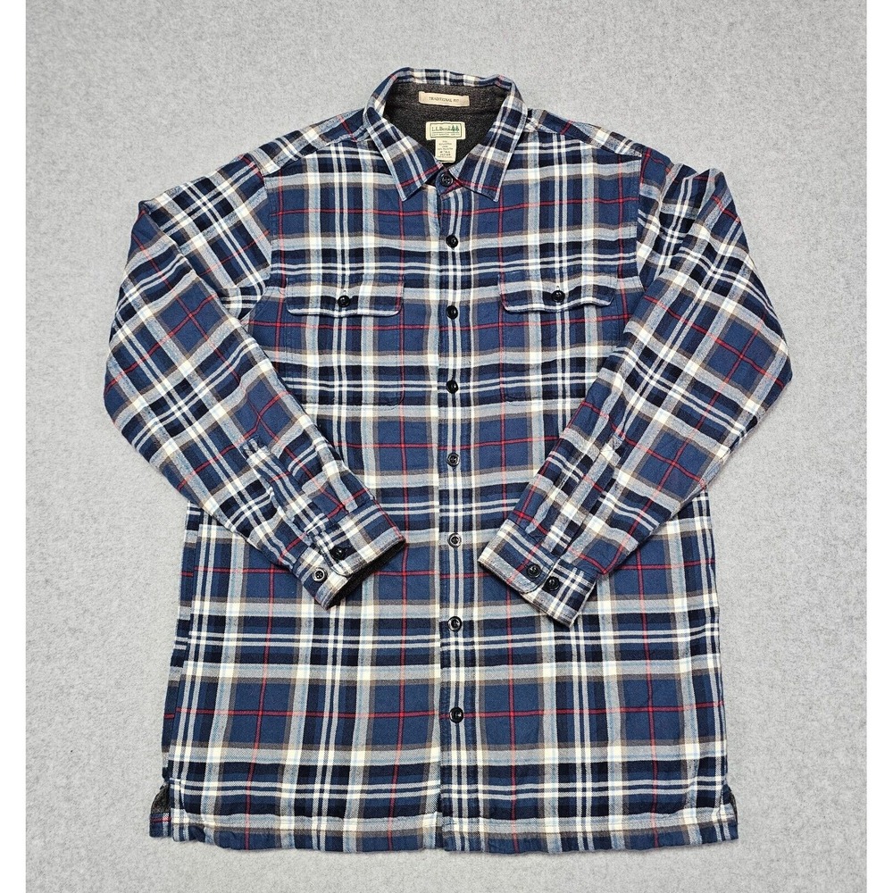 LL Bean Fleece Lined Flannel Shirt Jacket M-Tall Traditional Fit Heavy 252749